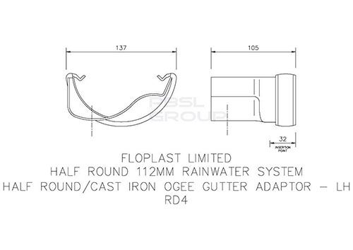 FloPlast PVC Half Round to Cast Iron Ogee Left Hand Gutter Adaptor - White