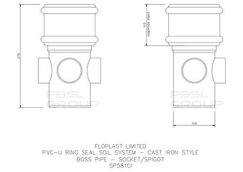FloPlast Ring Seal Soil Boss Pipe Single Socket - 110mm Cast Iron Effect