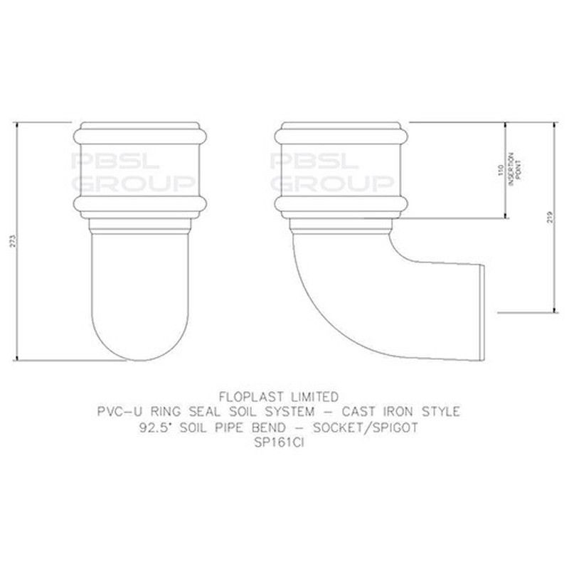 FloPlast Ring Seal Soil Bend Single Socket - 92.5 Degree x 110mm Cast Iron Effect