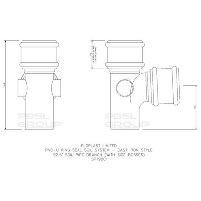 FloPlast Ring Seal Soil Bossed Branch - 92.5 Degree x 110mm Cast Iron Effect