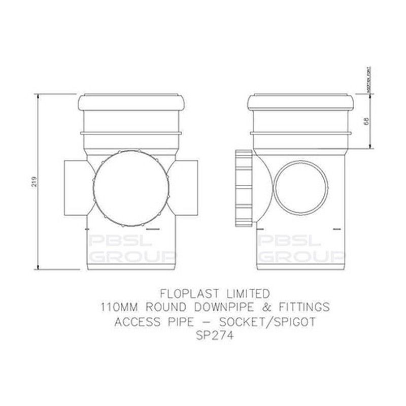 FloPlast Ring Seal Soil Access Pipe Single Socket - 110mm Black - Pack of 2