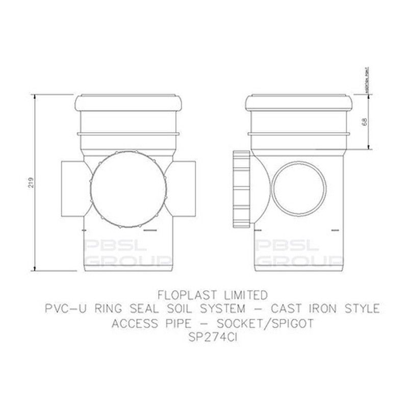 FloPlast Ring Seal Soil Access Pipe Single Socket - 110mm Cast Iron Effect