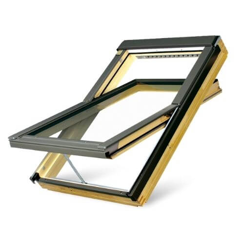 Pine Wood Electric Solar Powered Centre Pivot Roof Window - 660mm x 1180mm Triple Glazed Natural Pine