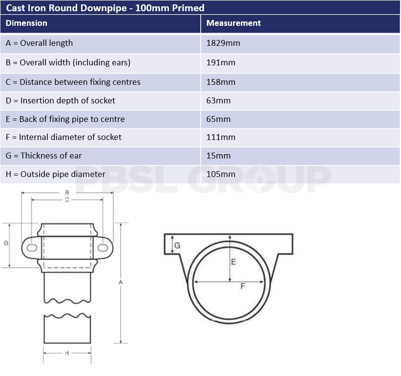 100mm Primed Cast Iron Round Downpipe Dimensions